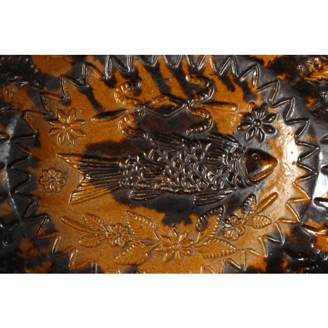 Rustic Circa 1900 Barrio De La Luz Puebla Pottery Dish Tortoiseshell Glaze Barro Vidriado With Fish For Sale - Image 3 of 18