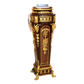 Luxury Ornate Wood Pedestal With Bronze Accents, Gold Leaf Details & Marble Top For Sale
