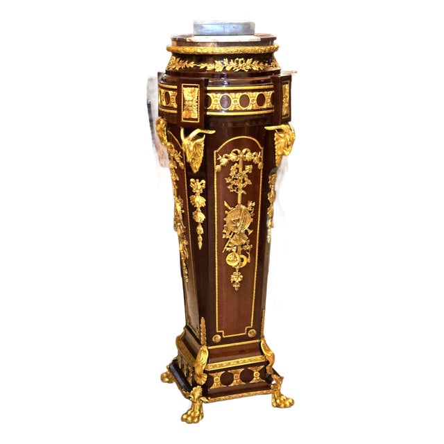 Luxury Ornate Wood Pedestal With Bronze Accents, Gold Leaf Details & Marble Top For Sale