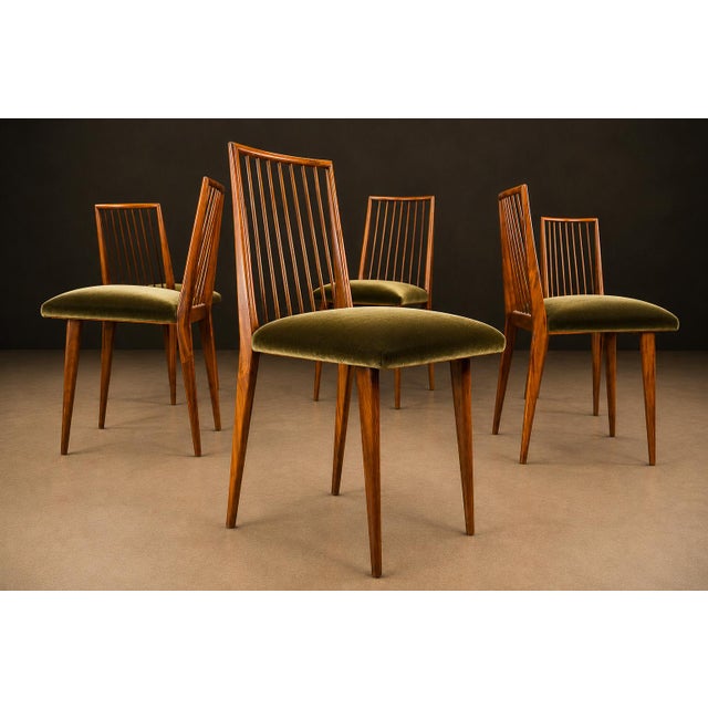 Rare Set of Six Dining Chairs by Joaquim Tenreiro in Caviúna Wood & Olive Green Mohair, Brazil, 1950s For Sale - Image 12 of 16