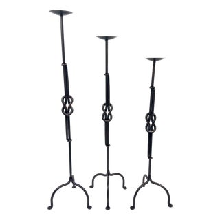 Hand Forged Iron Candelabra Set of 3 (88-108cm) Antique Copper Double Stem with Hercules Knot and Arched Base For Sale