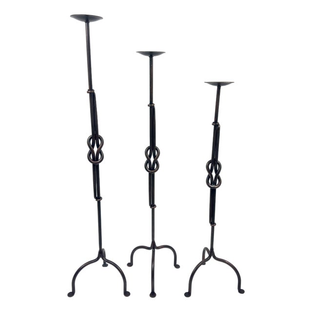 Hand Forged Iron Candelabra Set of 3 (88-108cm) Antique Copper Double Stem with Hercules Knot and Arched Base For Sale