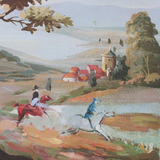 Impressionist Vintage Horseback Riders Landscape Painting With Tower and Village For Sale - Image 3 of 9