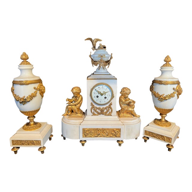 1855 French Louis XVI Marble Ormolu Clock Set - 3 PCS For Sale