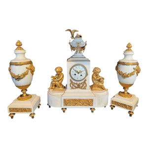 1855 French Louis XVI Marble Ormolu Clock Set - 3 PCS