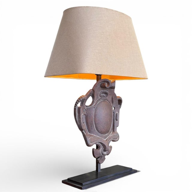 Late 20th Century Late 20th Century Cast Iron Shield Table Lamps With Linen Shades - A Pair For Sale - Image 5 of 9
