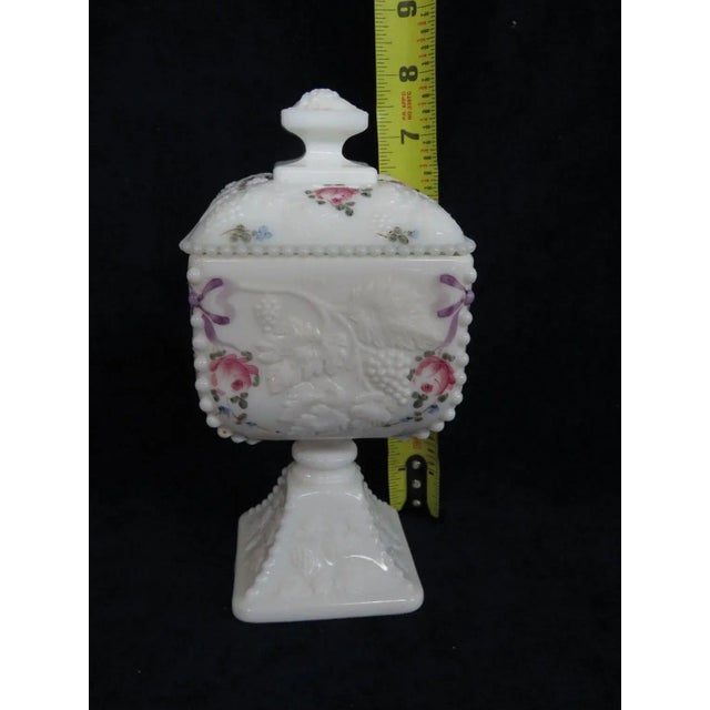 Westmoreland Milk Glass Beaded Edge Square Grape Pedestal Candy Bowl For Sale In Miami - Image 6 of 11