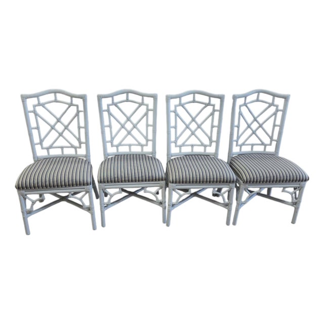 Late 20th Century Palm Beach Regency Chinese Chippendale Rattan Chairs With Fat Seats - Set of 4 For Sale