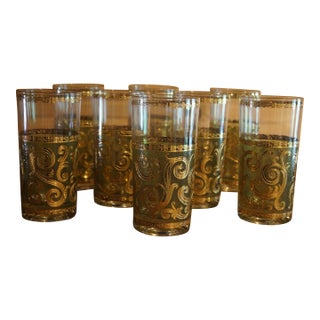 1950s Mid Century Modern Culver Baroque 22kt Green Tom Collins Glasses - Set of 8 For Sale