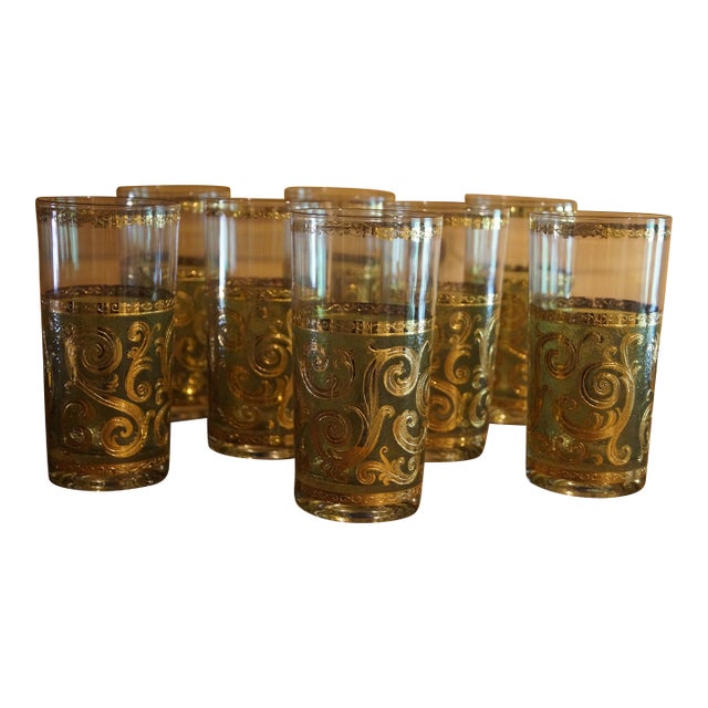 1950s Mid Century Modern Culver Baroque 22kt Green Tom Collins Glasses - Set of 8 For Sale