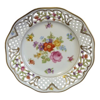 Vintage Oscar De La Renta Plate From West Germany Painted Floral Pierced Edge For Sale