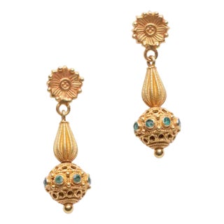 Late 20th Century Pair of 22k Gold and Emerald Drop Earrings For Sale