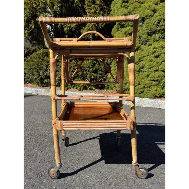 Tan Italian Vintage Wicker Bar Cart For Sale - Image 8 of 12