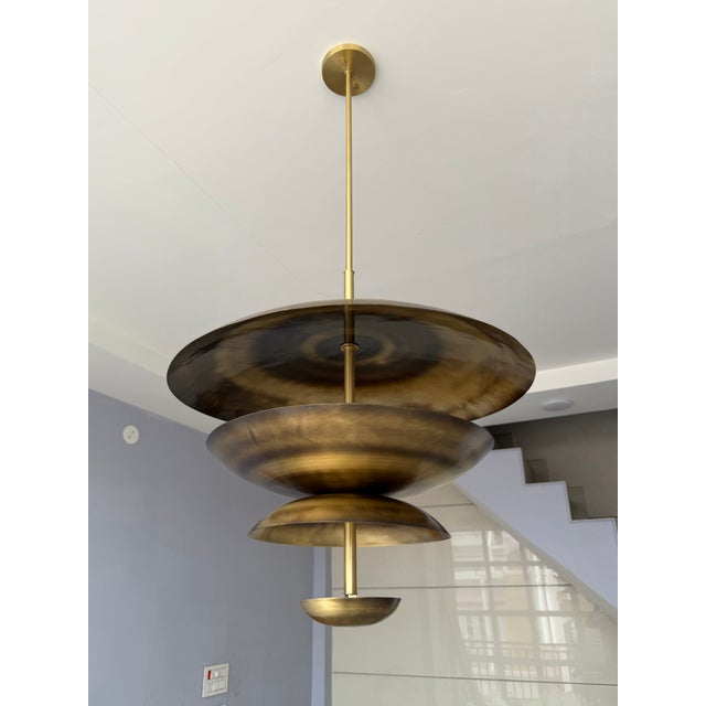 Mid-Century Modern Handmade Solid Brass Tiered Chandelier: Modern Sculptural Pendant Light Fixture For Sale - Image 3 of 15