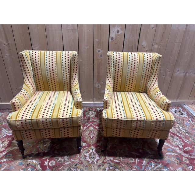 Wood Napoleon III Wingback Armchairs in Multicoloured Striped Velvet, Set of 2 For Sale - Image 7 of 7