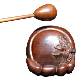 Vintage Chinese Boxwood "Lotus" Wooden Fish (Muyu) With Mallet - 115g For Sale