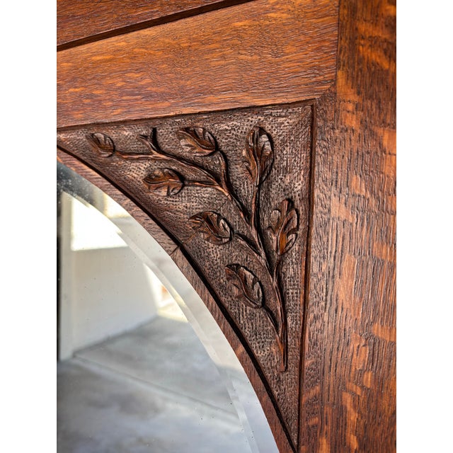 Antique Oak Washstand / Bathroom Vanity With a Marble Top, Oval Beveled Mirror, and Floral Carvings For Sale - Image 12 of 12