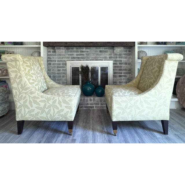 Custom Pair Pearson Wingback Jacquard Leaf Vine Transitional Chairs For Sale - Image 13 of 15