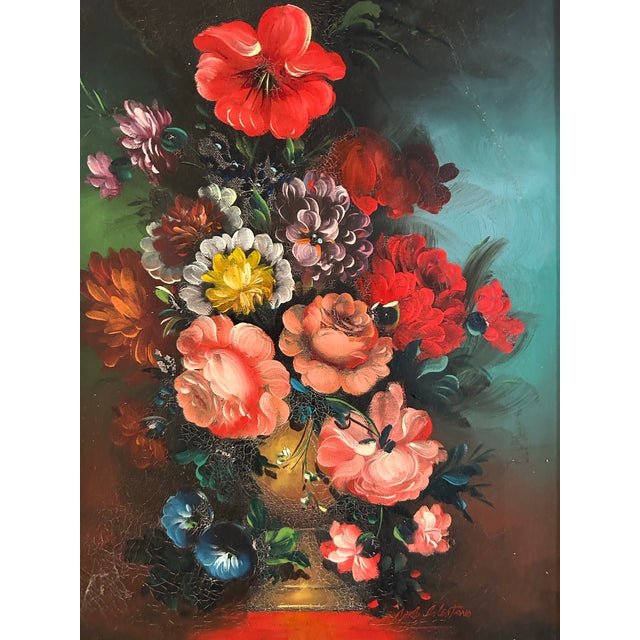 Vintage Original Floral Still Life Oil Painting on Canvas Bright Colors in Vintage Frame For Sale - Image 4 of 7