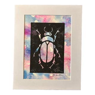 Original Hand-Carved Linocut Print Beetle With Watercolor - Cotton Candy Variant For Sale