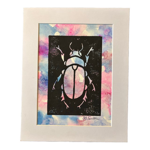 Original Hand-Carved Linocut Print Beetle With Watercolor - Cotton Candy Variant For Sale