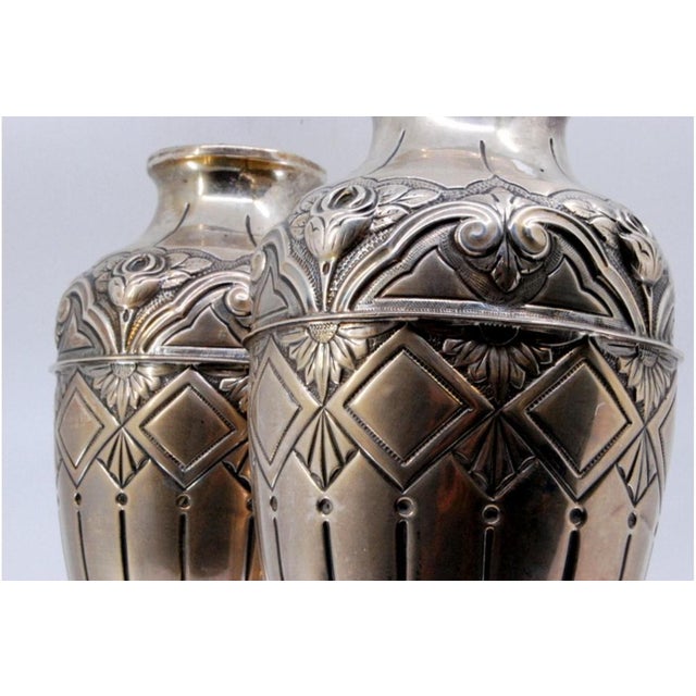 Metal Silver Vases with Raised Floral Motifs, Shells and Circular Bases, Set of 2 For Sale - Image 7 of 11