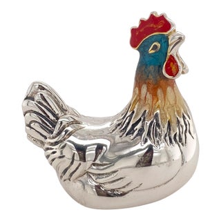 Sterling Silver and Enamel Little Rooster Figurine or Paperweight For Sale