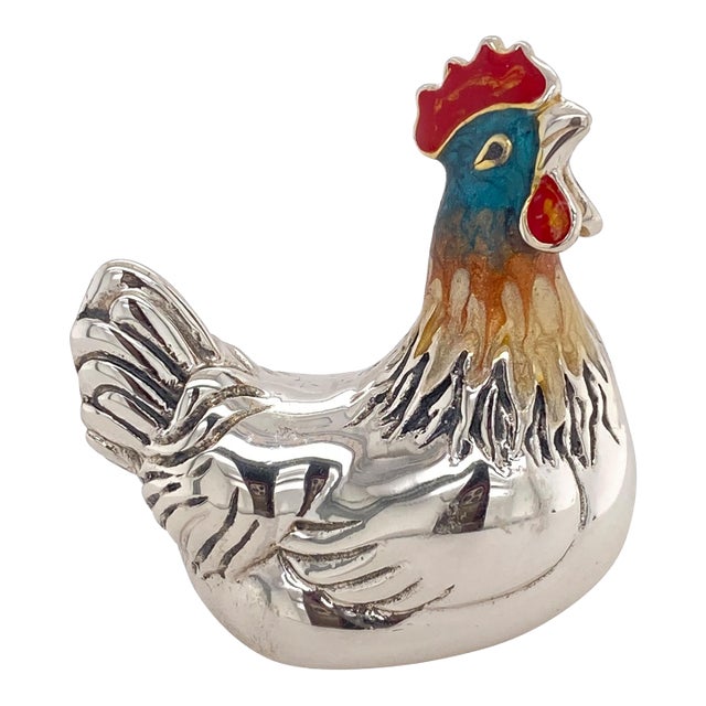 Sterling Silver and Enamel Little Rooster Figurine or Paperweight For Sale