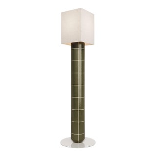 Handcrafted Ceramic Floor Lamp in Green Glaze With Linen Lampshade For Sale