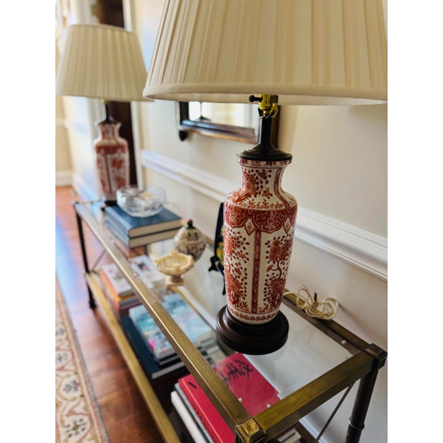 Vintage Pair of Asian Red Porcelain Lamps- Red Chinoiserie Lamps For Sale - Image 6 of 11
