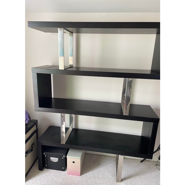 4 level modern design book shelf by Modloft Black lacquered hard wood with chrome accents Paid $1200 in 2019 162 lbs...