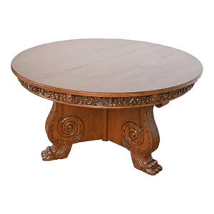 R. J. Horner Antique Victorian Carved Oak Pedestal Extension Dining Table, Newly Restored