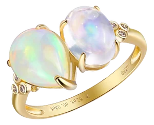 Kai Fortune Rainbow Blue Moonstone Fire Opal Diamond Toi Et Moi Ring in 14k Solid Gold, Size 6