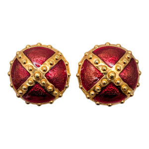 Vintage 1980s Signed Escada Round Domed Red Enamel Clip Earrings-2 Pieces