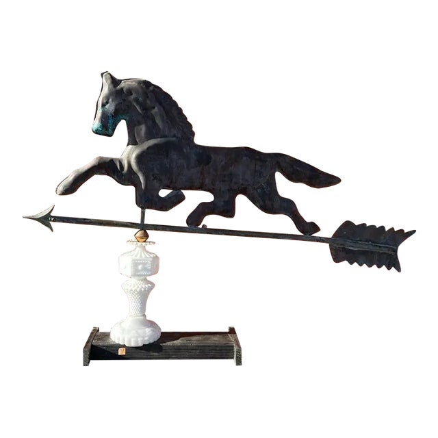 Early 20th Century Copper Horse Weathervane With Copper Ball and Milk Glass & Wood Stand For Sale