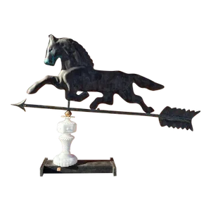 Early 20th Century Copper Horse Weathervane With Copper Ball and Milk Glass & Wood Stand