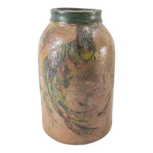 19th Century Rustic Farmhouse Redware Stoneware Jug With Painted Parrot