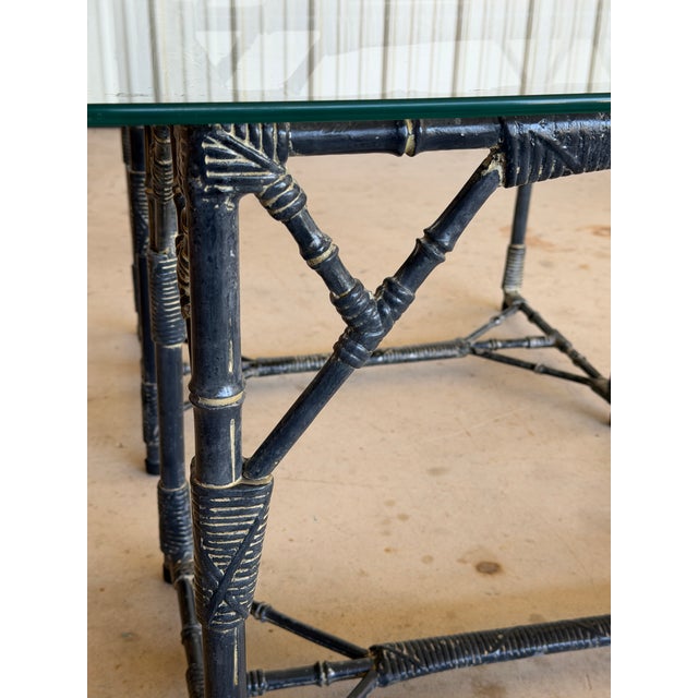 Pair Vintage Coastal Faux Bamboo Aluminum Side Tables With Glass Tops For Sale - Image 9 of 12