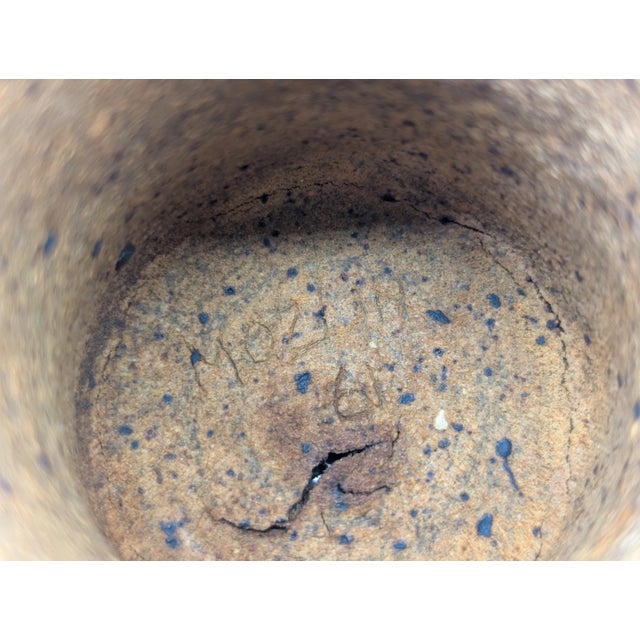 Late 20th Century Handcrafted Studio Pottery Blue Gray Glaze Speckled Pedestal Bowl Signed For Sale - Image 9 of 12