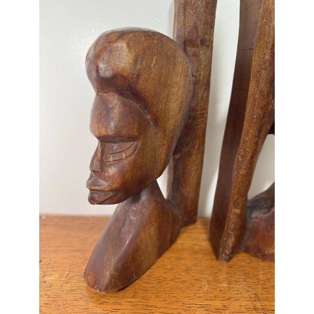 Vintage African Hand Carved Wood Couple Bust Bookends Tribal Folk Art 12" For Sale - Image 9 of 15