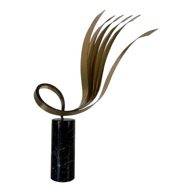 1980s Vintage Curtis Jere-Style Abstract Brass Ribbon Sculpture on Marble Base For Sale