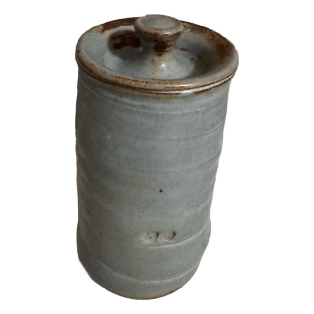 Vintage Studio Pottery Lidded Vessel Soft Blue Grey Glaze With Impressed Marks For Sale