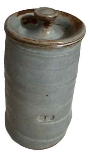 Vintage Studio Pottery Lidded Vessel Soft Blue Grey Glaze With Impressed Marks