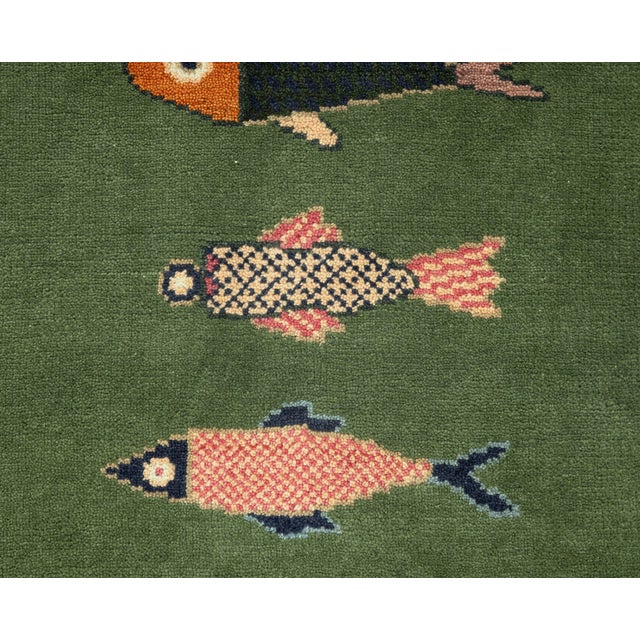 Koi Fish Olive Green Hand Knotted Runner Rug 2.6x20Ft. For Sale - Image 6 of 17