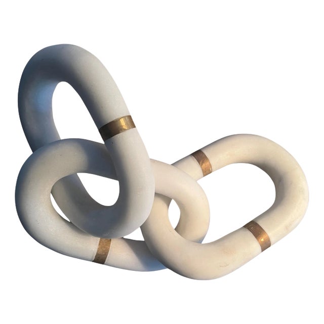 Three Carrera Marble Links with Brass Details Paperweight of Sculptural For Sale