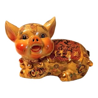 Chinoiserie Large Porcelain Pig Statement Piece Imari Brocade Statue Hollywood Regency Home Decor For Sale