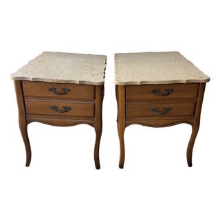 Pair of Vintage French Provincial-Style Wood End Tables or Nightstands Featuring Scalloped Stone or Marble-Style Tops and Curved Cabriole Legs For Sale