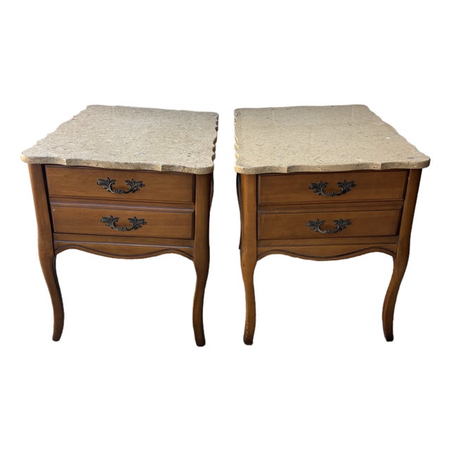 Pair of Vintage French Provincial-Style Wood End Tables or Nightstands Featuring Scalloped Stone or Marble-Style Tops and Curved Cabriole Legs For Sale
