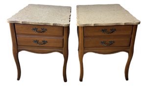 Pair of Vintage French Provincial-Style Wood End Tables or Nightstands Featuring Scalloped Stone or Marble-Style Tops and Curved Cabriole Legs