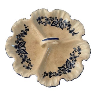 Vintage Blue and White Floral Divided Relish Dish With Scalloped Rim For Sale